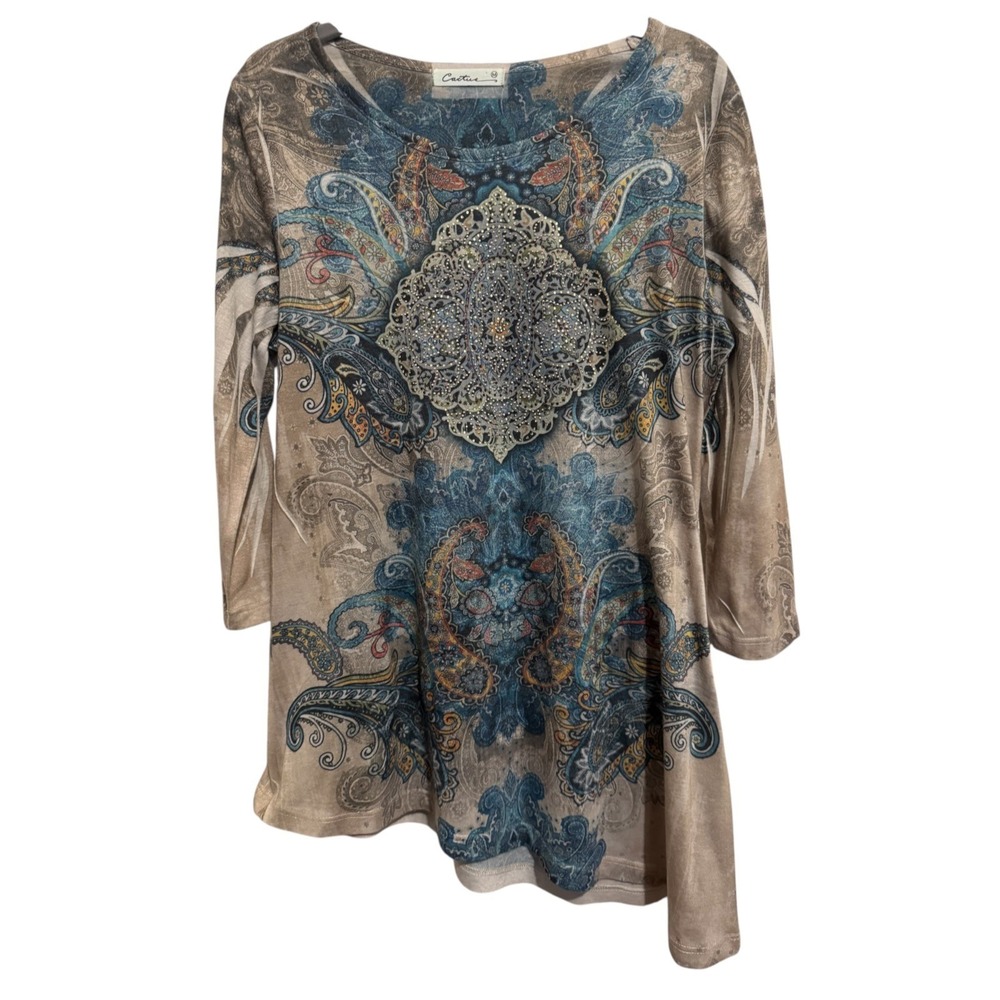 Cactus Tunic Top Women's Medium Blue Paisley Rhinestone Boho Asymmetrical Hem